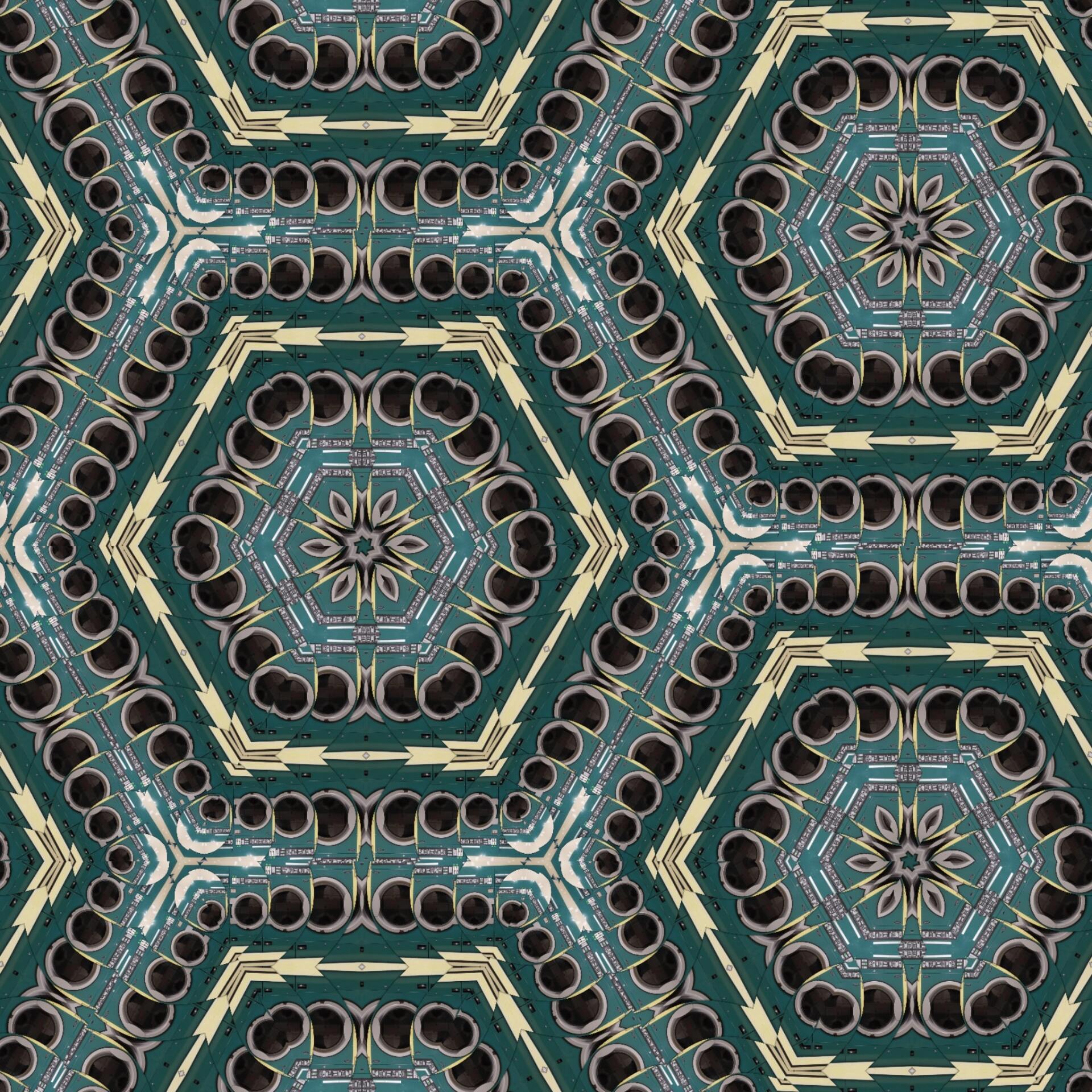 Teal and beige geometric hexagon pattern with floral centers and dark circular accents